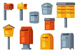 Collection of various mailboxes and postboxes, showcasing different designs and colors for receiving mail and correspondence vector