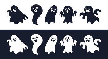 Collection of cute ghosts floating with different facial expressions, screaming, laughing and smiling vector