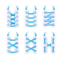 Six variations of shoelace tying methods are displayed, offering stylish and practical options for footwear vector