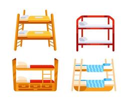 Four different empty bunk beds with mattresses, pillows and blankets representing a place to sleep for two people vector