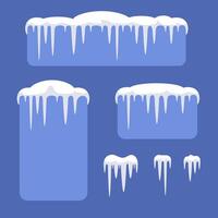 Set of snow caps of different sizes and shapes with hanging icicles is isolated on blue background vector