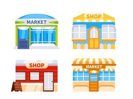 Set of shops and markets with large windows for displaying goods, with a signboard on the facade, isolated on white vector