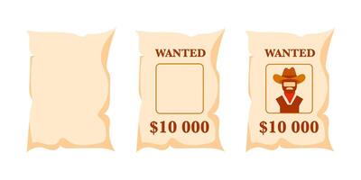 Three variations of a wanted poster template, featuring a cowboy character and space for a reward vector