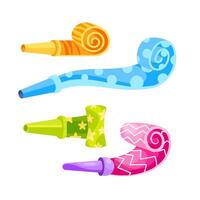 Colorful party blowers unfurling, ready to make celebratory noises and add joy to any event. Adorned with vibrant patterns, perfect for festive atmosphere vector