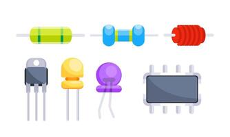 Neatly arranged electronic components on white background showcase intricate technology and circuitry, from resistors to transistors vector