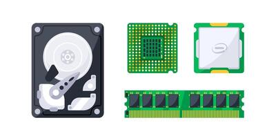 Essential computer hardware components laying on a white background including cpu, gpu, ram and hard drive vector