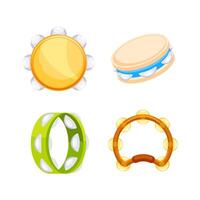 Set of colorful tambourines laying in different positions, traditional ethnic percussion instruments, musical instruments flat illustration vector