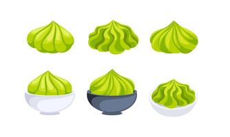 Set of six illustrations showing wasabi sauce in different styles and being served in different bowls vector