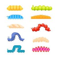 Set of colorful caterpillars crawling and smiling cartoon bug character design flat illustration vector