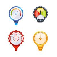 Set of colorful round manometers measuring pressure with arrow showing different values, industrial device for measurement of pressure in pipes or tanks vector