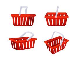 Red shopping baskets displayed from various angles for retail use, ideal for supermarkets or grocery stores. Vibrant color for easy identification and consumer appeal vector