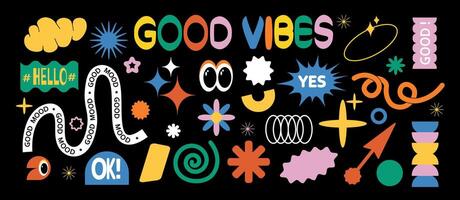 Brutalism retro 90s style naive playful abstract shapes sticker pack. Groovy circle oval rectangle arch eyes typography in trendy. With wavy geometric elements. vector