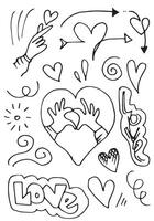 hand drawn doodles set for Valentine's Day. collection of beautiful hearts and writings Love on white background. vector