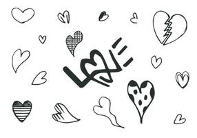 hand drawn doodles set for Valentine's Day. collection of beautiful hearts and writings Love on white background. vector