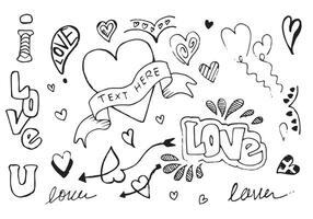 hand drawn doodles set for Valentine's Day. collection of beautiful hearts and writings Love on white background. vector