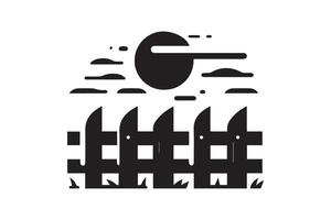 A black and white illustration of a fence with a bird flying over it vector