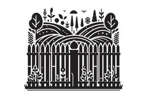 A black and white illustration of a fence and trees vector