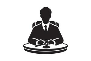 A black and white silhouette of a man in a suit sitting at a table vector