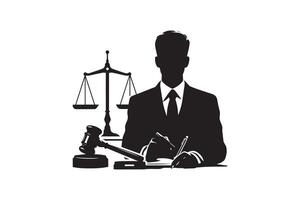 A silhouette of a man in a suit and tie sitting at a desk with a gavel and vector