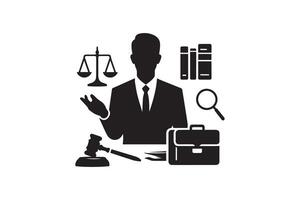 Lawyer icon with a gavel, scales and other items vector