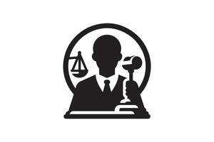 A black and white logo of a judge with a gavel vector