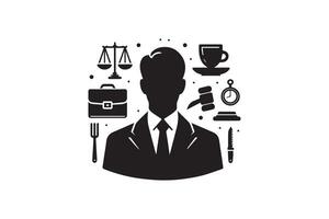 A black and white illustration of a man with a tie and other items vector
