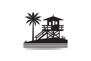 A black and white silhouette of a lifeguard tower and palm tree vector