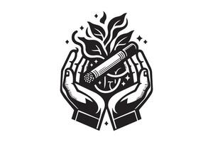 A hand holding a cigarette with a leaf on it vector