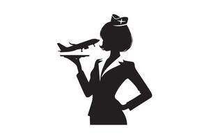 A silhouette of a woman holding a tray with an airplane on it vector