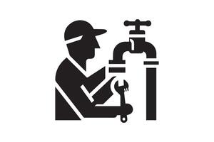 A black and white illustration of a man fixing a faucet vector