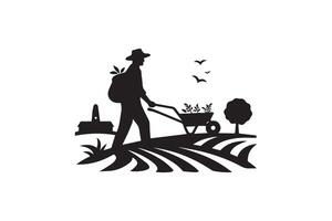 Farmer with wheelbarrow and tractor, silhouette on white background vector