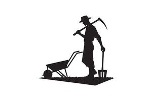 A silhouette of a man with a wheelbarrow and a shovel vector