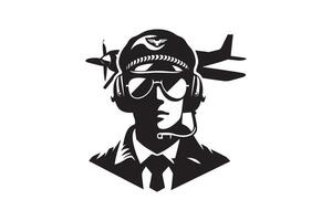 A black and white logo of a pilot with a headset vector
