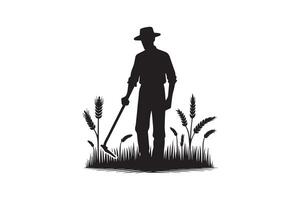 Farmer with hat and plow in wheat field vector