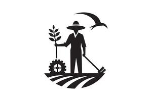 Farmer with hat and plow in the field vector