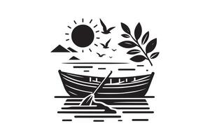 A boat with a rowing crew and a bird on the water vector