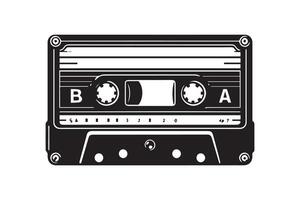 An old cassette player is shown in black and white vector
