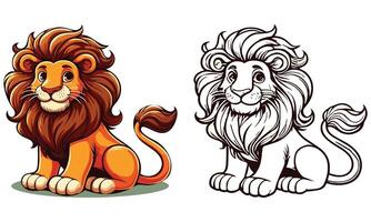 Lion Color And Outlined Coloring Page For Kids Cartoon Lion Isolated On White Background vector