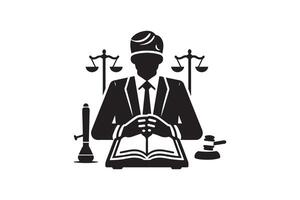 A black and white illustration of a man in a suit sitting at a table with a book and vector