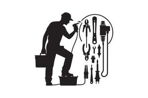 A silhouette of a man holding tools and tools vector