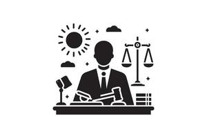 A black and white illustration of a judge sitting at a desk vector