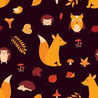 Seamless pattern with forest animals and autumn leaves vector