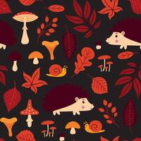 A pattern with autumn leaves, hedgehogs and mushrooms vector