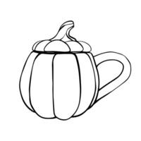 Mug in the shape of a pumpkin graphic drawing. Linear style cup illustration drawn with black ink. Autumn engraving for cards and greetings. Sketch in line art vector