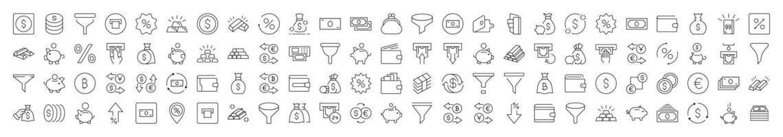 Money Exchange, Currency, Wallet, Bank, Funnel Set of Thin Icons. Editable Stroke. Suitable for Web Sites, Books, Cards, Apps vector