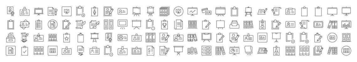 Documents Outline Simple Icons Bundle. Contains Icons of Presentation Board, Clipboard, Contract that Can Be Used for Design of Cards, Posts, Apps, Web Sites vector