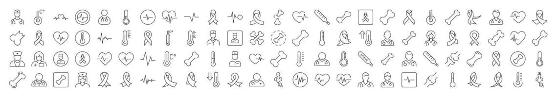 Simple Linear Illustration of Medicine. Contains Icons of Pink Ribbon, Thermometer, Bone, Doctor, Ill, Cardiogram that Can Be Used for Design of Cards, Posts, Apps, Web Sites vector
