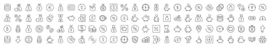 Piggy Bank, Dollar, Coin, Percent Line Icon Bundle. Editable Stroke. Minimalistic Linear Pictogram for Design of Cards, Apps, Banners, Posts vector