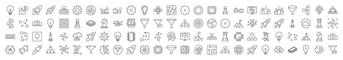 Data and Analytics Icon Bundle. Contains Icons of Puzzle, Funnel, Gear, Cogwheel, Spaceship that Can Be Used for Design of Cards, Posts, Apps, Web Sites vector