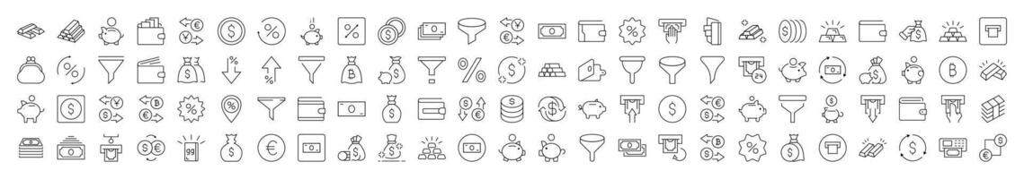 Money Exchange, Currency, Wallet, Bank, Funnel Simple Isolated Line Icons Collection. Editable Stroke. Suitable for Web Sites, Books, Cards, Apps vector